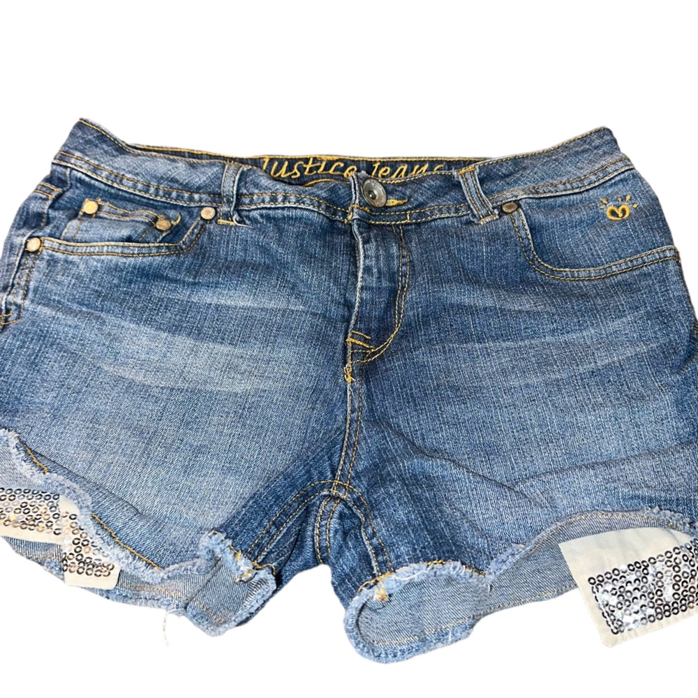 Justice frayed denim with sequins pockets shorts size 16R‎  girls